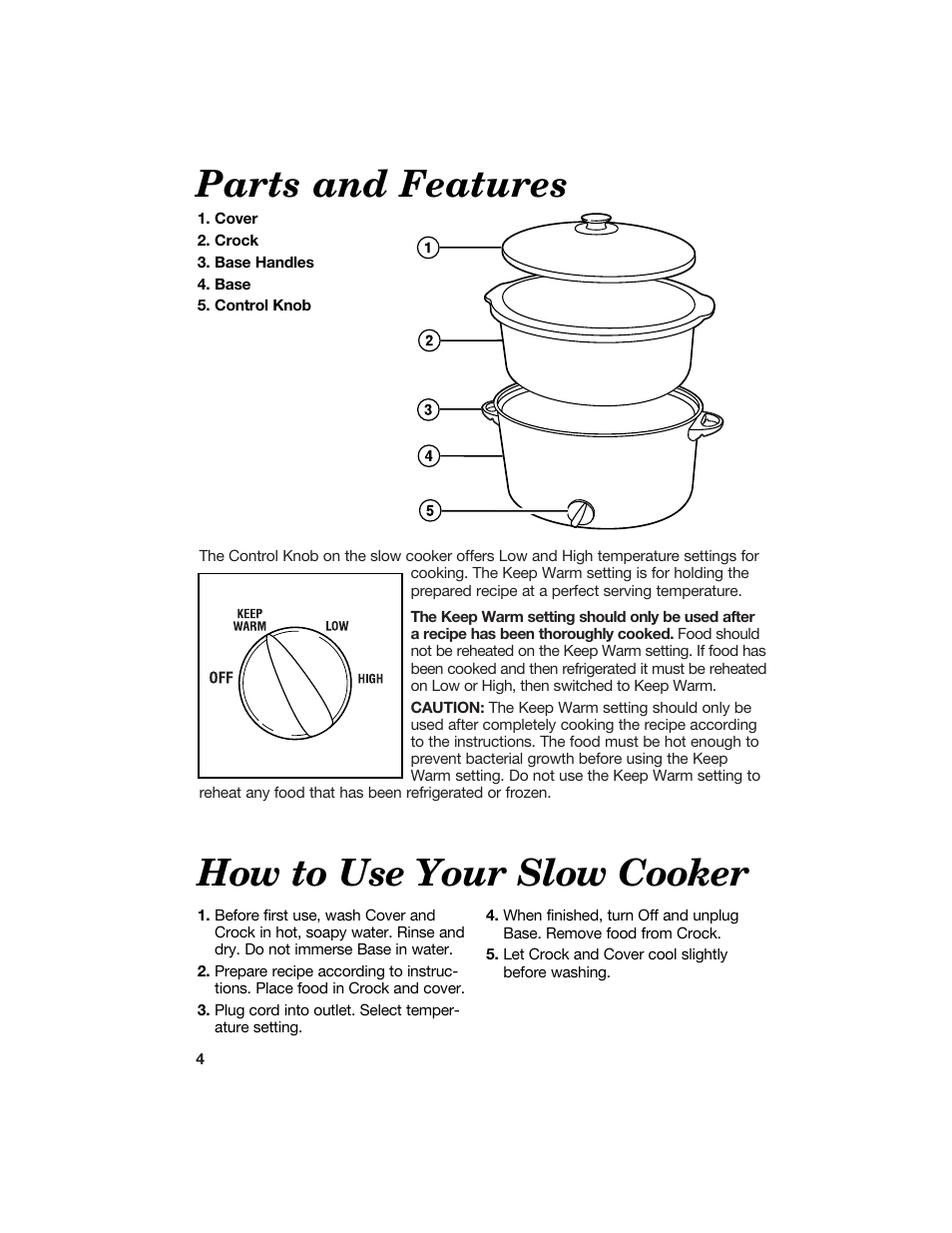 Parts and features, How to use your slow cooker | Hamilton Beach 840096700 User Manual | Page 4 / 24