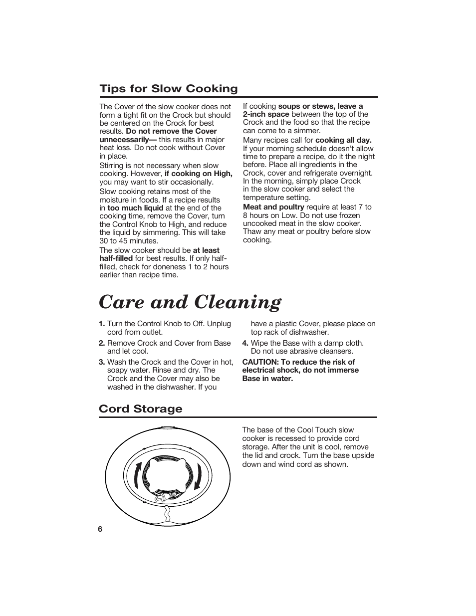 Care and cleaning, Tips for slow cooking, Cord storage | Hamilton Beach 840096700 User Manual | Page 6 / 24