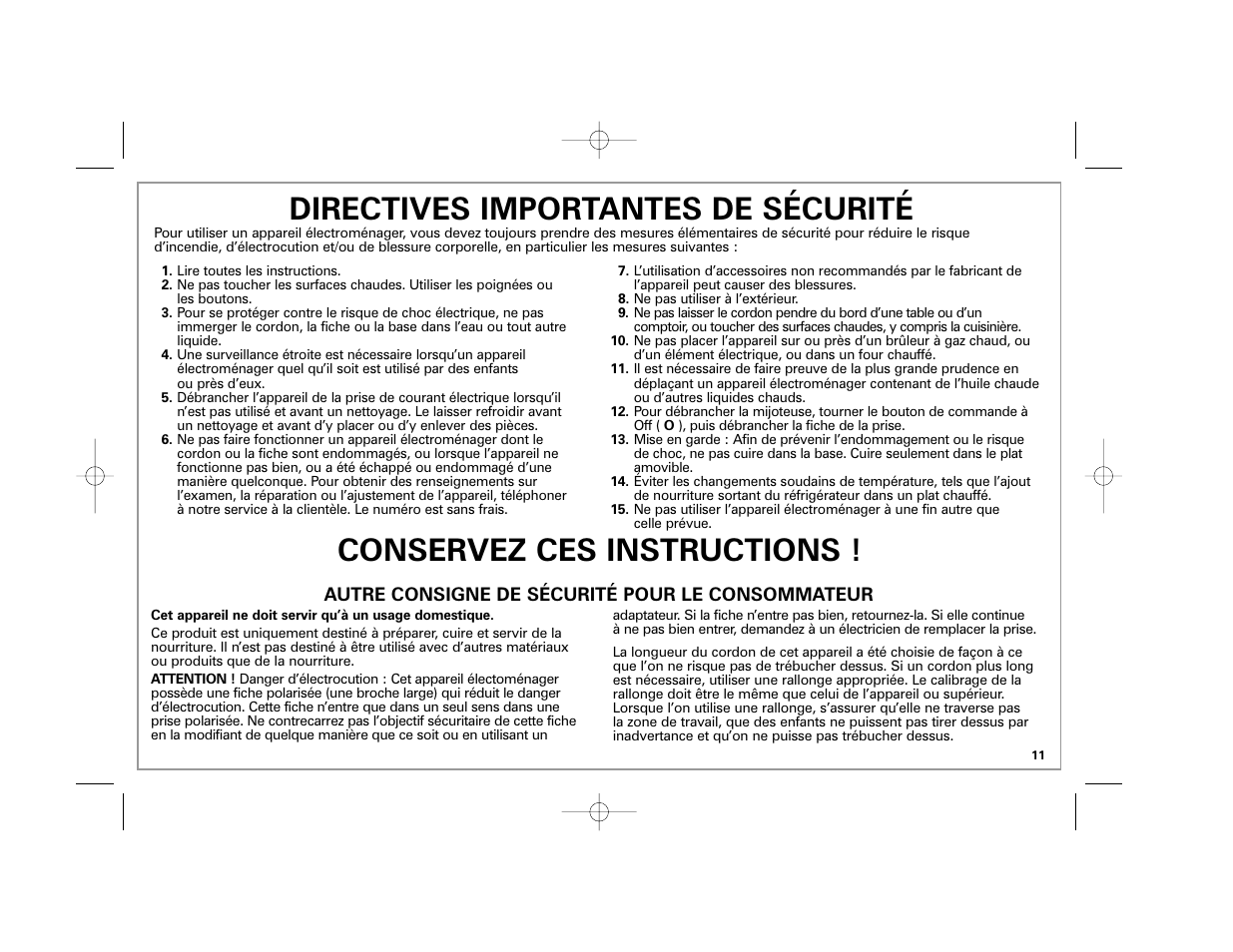 Directives importantes de sécurité, Conservez ces instructions | Hamilton Beach 33041 User Manual | Page 11 / 32