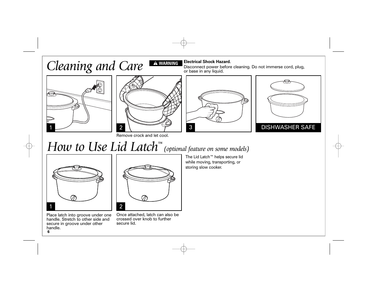 Cleaning and care, How to use lid latch | Hamilton Beach 33041 User Manual | Page 6 / 32