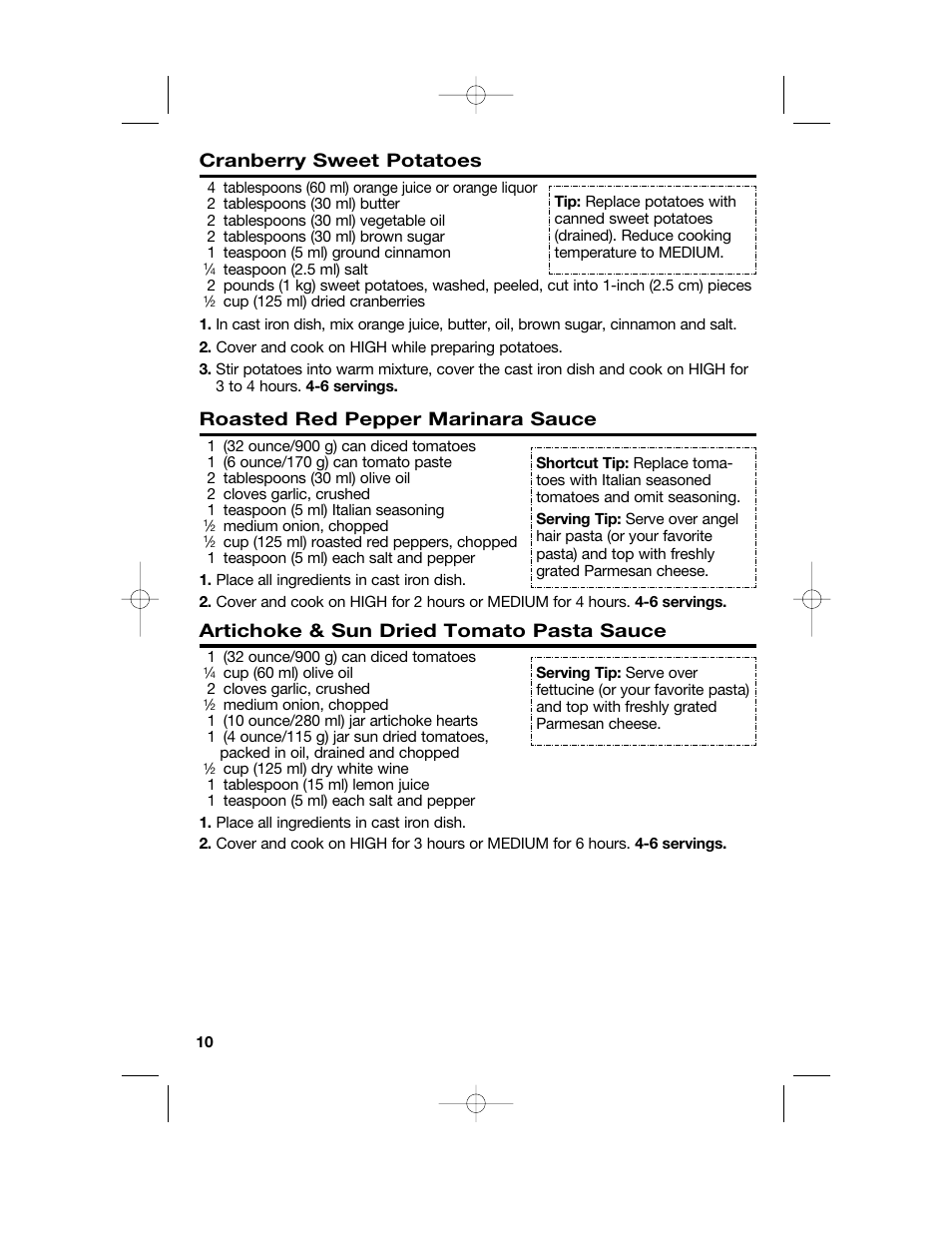 Cranberry sweet potatoes, Roasted red pepper marinara sauce, Artichoke & sun dried tomato pasta sauce | Hamilton Beach Party Crock 840152602 User Manual | Page 10 / 36