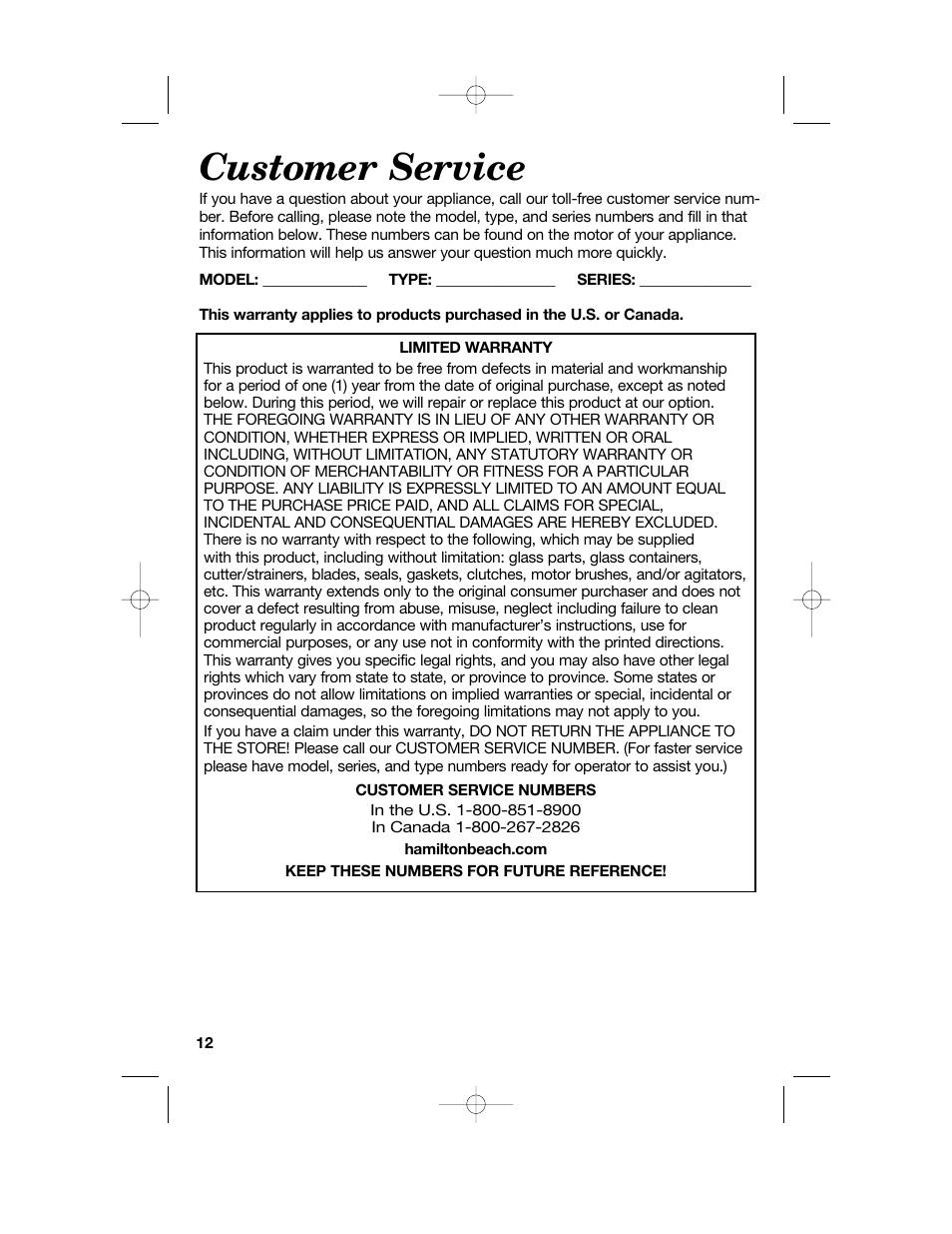 Customer service | Hamilton Beach Party Crock 840152602 User Manual | Page 12 / 36