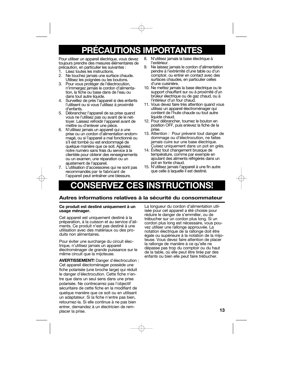 Conservez ces instructions, Précautions importantes | Hamilton Beach Party Crock 840152602 User Manual | Page 13 / 36