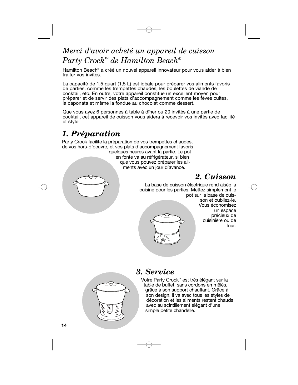 Service, Préparation, Cuisson | De hamilton beach | Hamilton Beach Party Crock 840152602 User Manual | Page 14 / 36