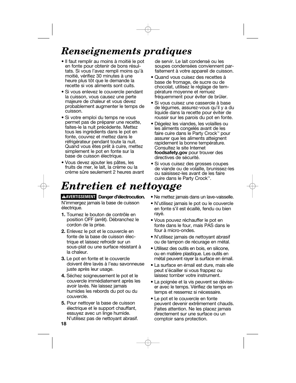 Entretien et nettoyage, Renseignements pratiques | Hamilton Beach Party Crock 840152602 User Manual | Page 18 / 36