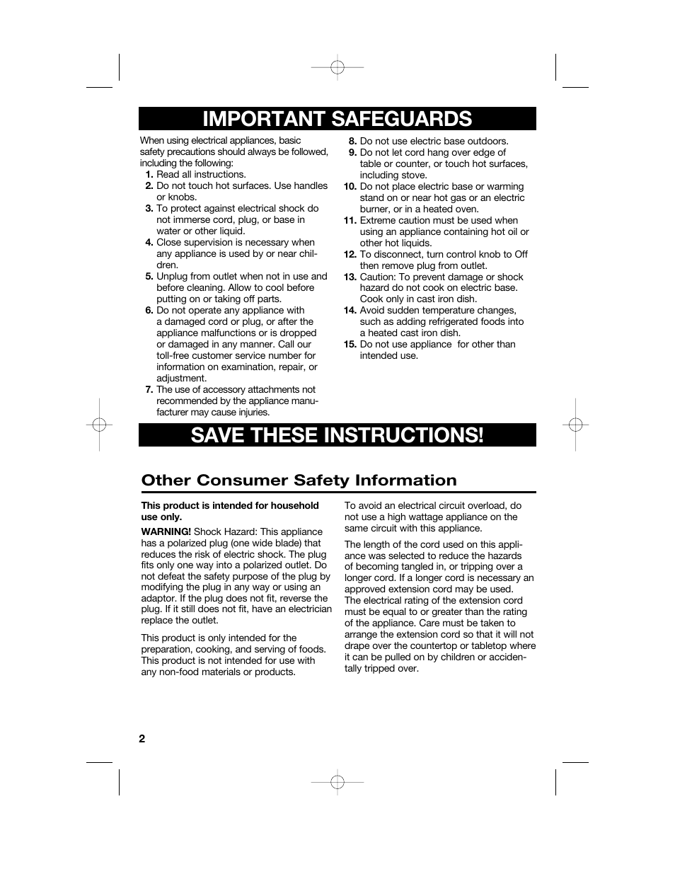 Important safeguards save these instructions, Other consumer safety information | Hamilton Beach Party Crock 840152602 User Manual | Page 2 / 36