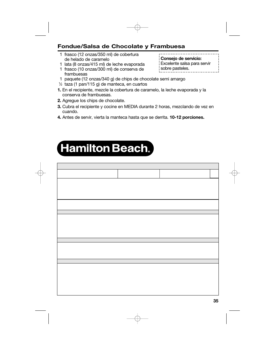 Fondue/salsa de chocolate y frambuesa | Hamilton Beach Party Crock 840152602 User Manual | Page 35 / 36