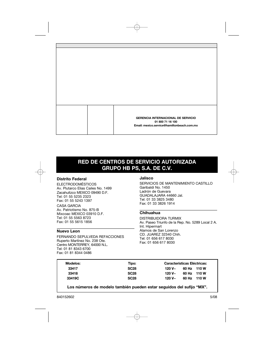 Hamilton Beach Party Crock 840152602 User Manual | Page 36 / 36