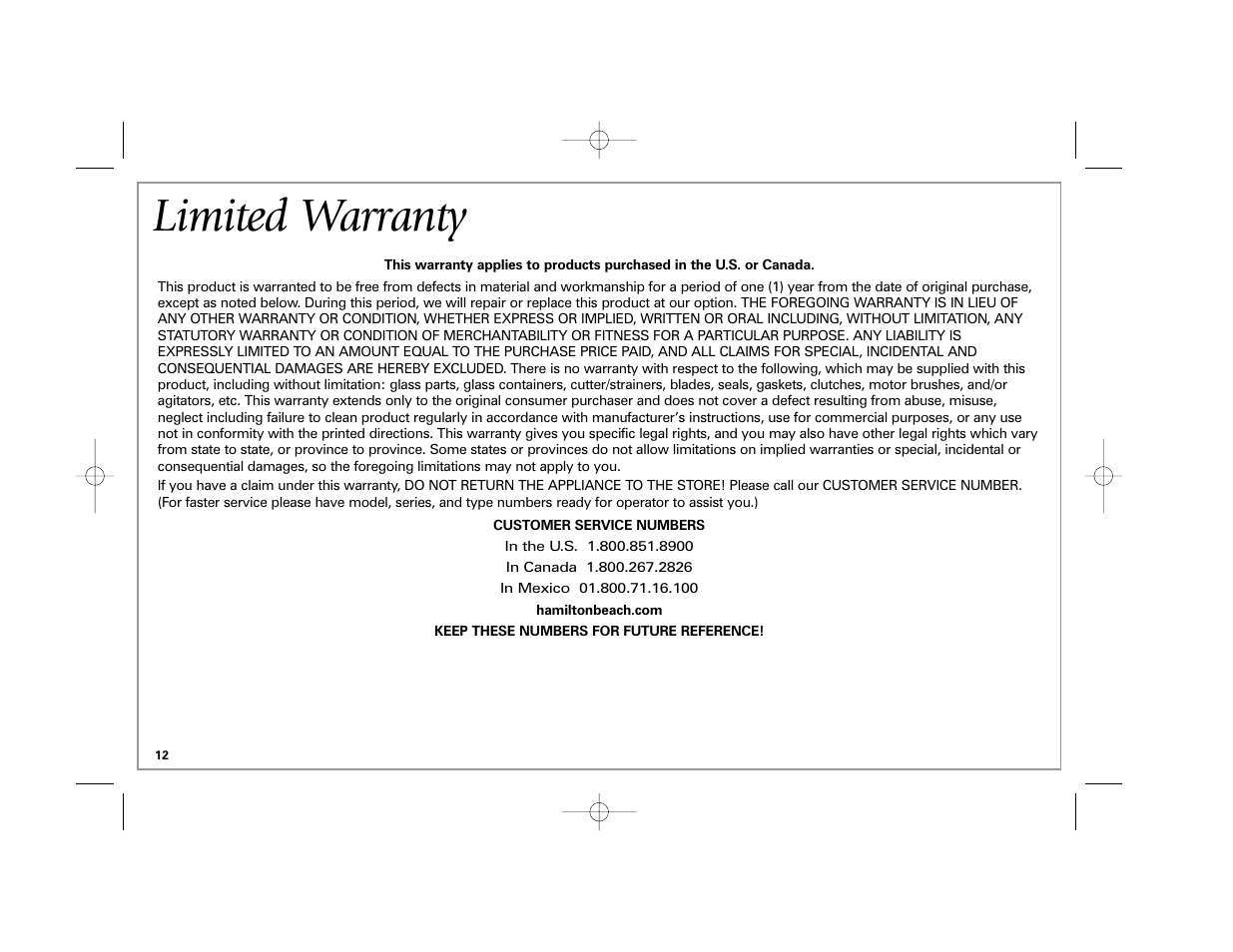 Limited warranty | Hamilton Beach 70570C User Manual | Page 12 / 36