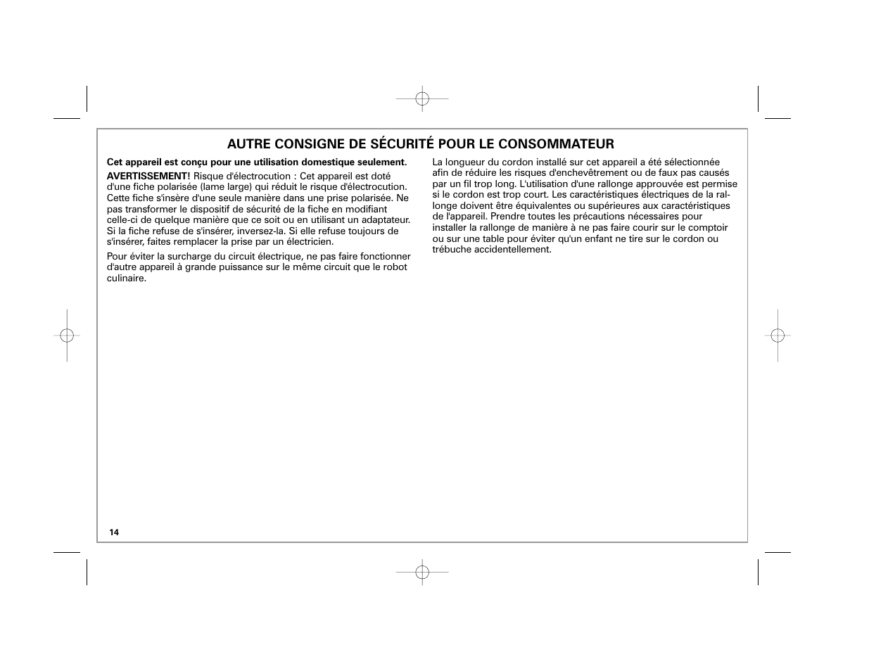 Autre consigne de sécurité pour le consommateur | Hamilton Beach 70570C User Manual | Page 14 / 36