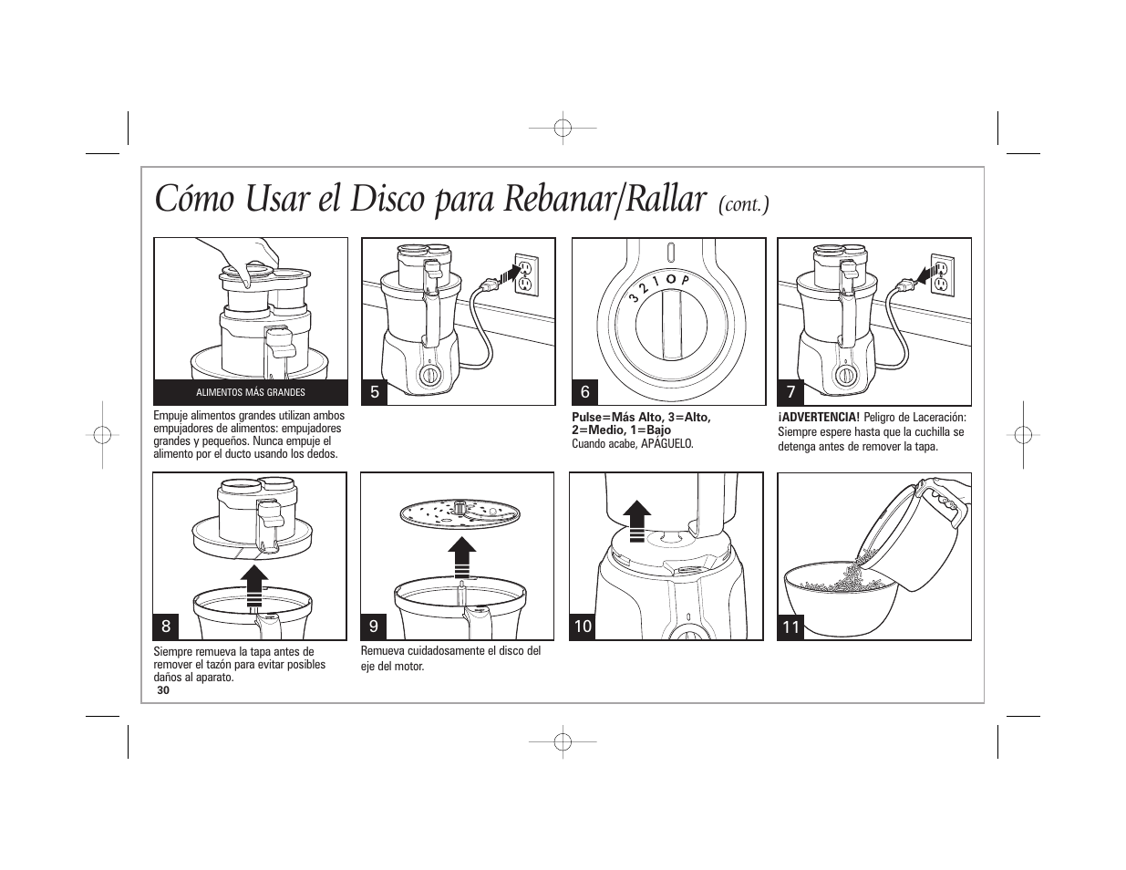 Cómo usar el disco para rebanar/rallar, Cont.) | Hamilton Beach 70570C User Manual | Page 30 / 36