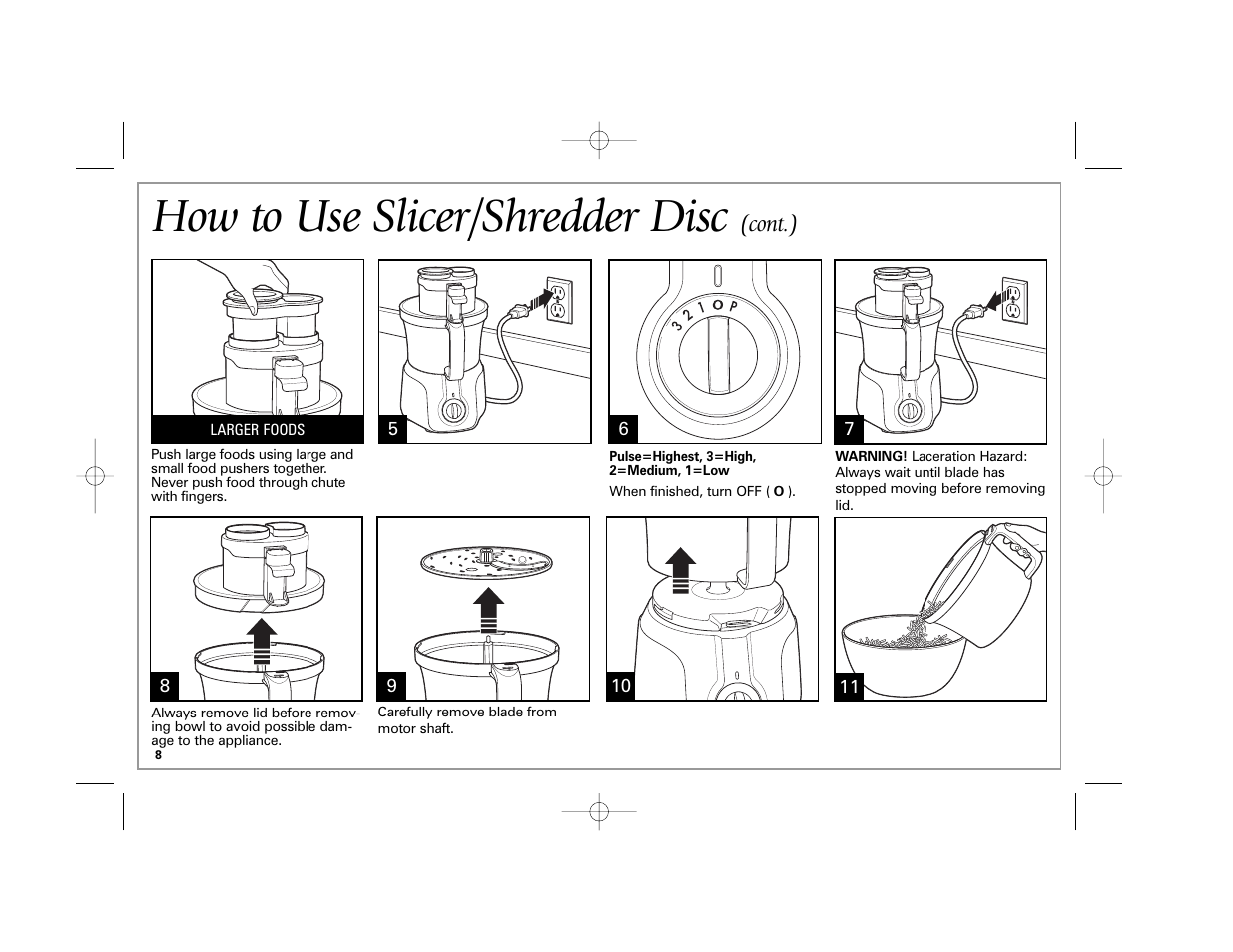 How to use slicer/shredder disc, Cont.) | Hamilton Beach 70570C User Manual | Page 8 / 36