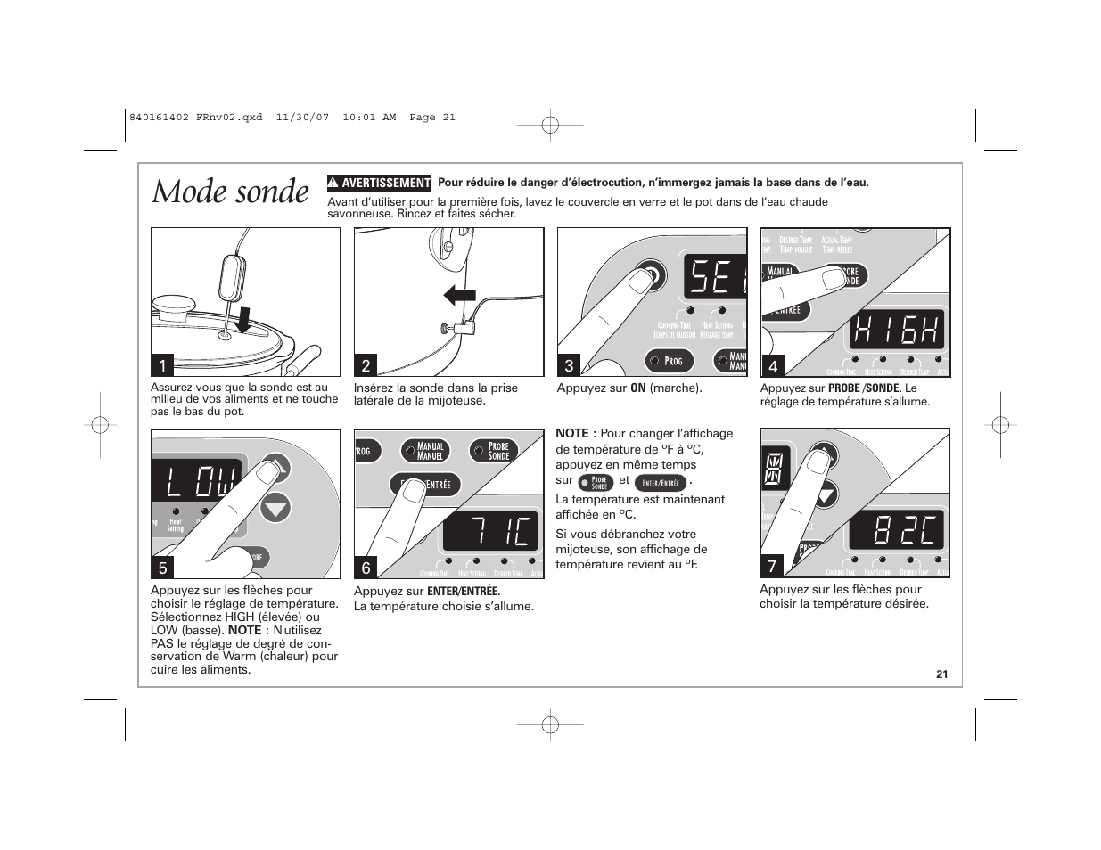 Mode sonde | Hamilton Beach 840161402 User Manual | Page 21 / 44