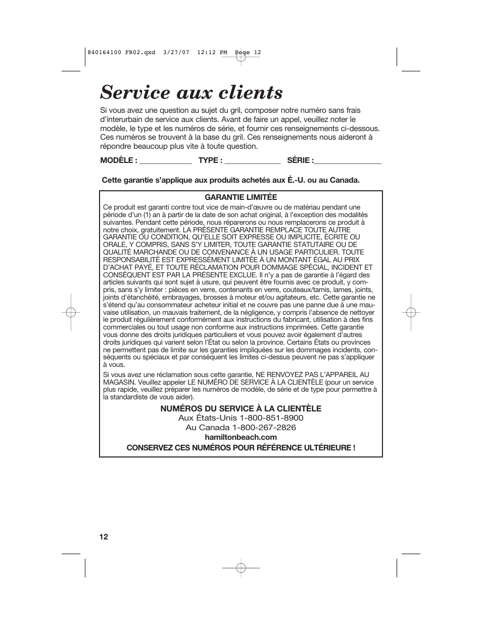 Service aux clients | Hamilton Beach 25451 User Manual | Page 13 / 21