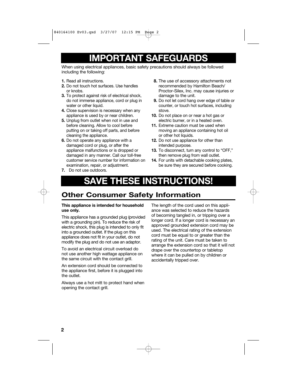 Important safeguards save these instructions, Other consumer safety information | Hamilton Beach 25451 User Manual | Page 2 / 21