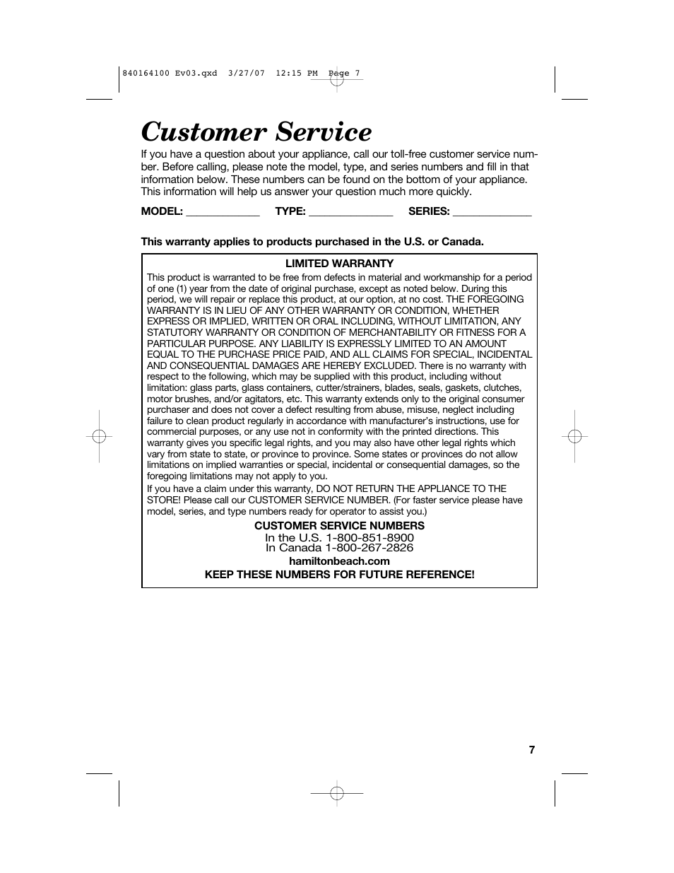 Customer service | Hamilton Beach 25451 User Manual | Page 7 / 21