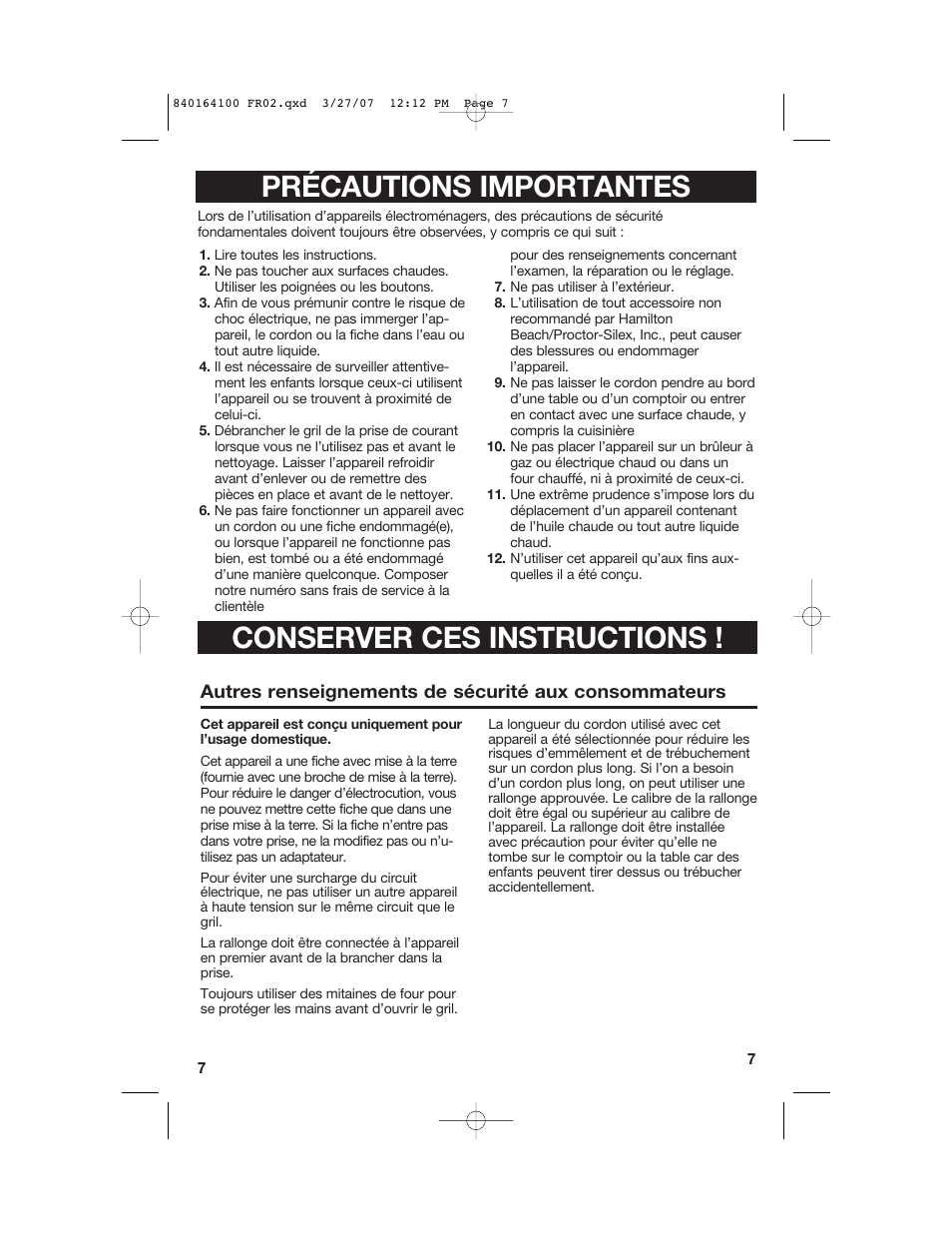 Précautions importantes conserver ces instructions | Hamilton Beach 25451 User Manual | Page 8 / 21