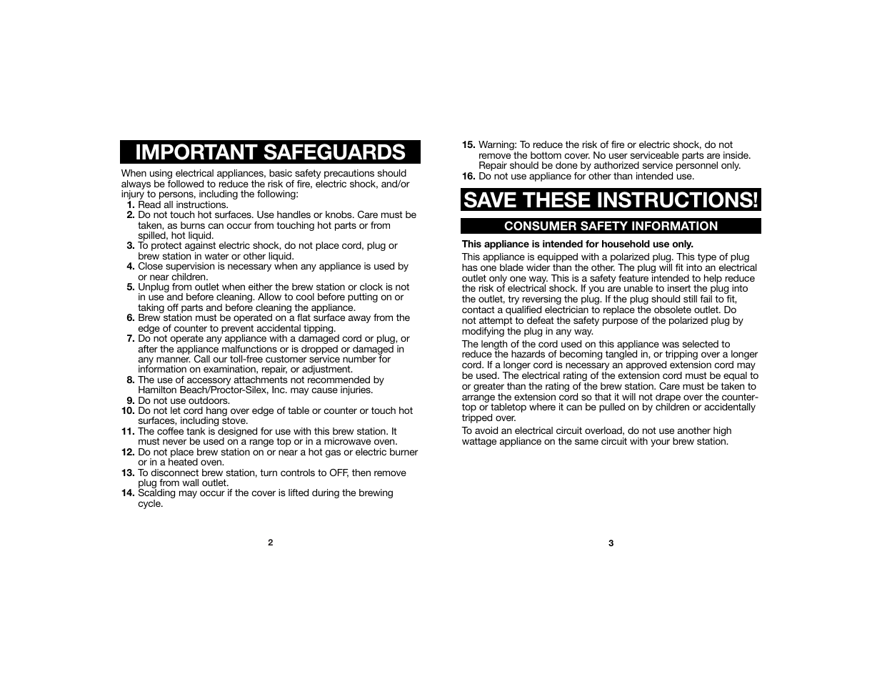 Important safeguards, Save these instructions | Hamilton Beach 840106400 User Manual | Page 2 / 6