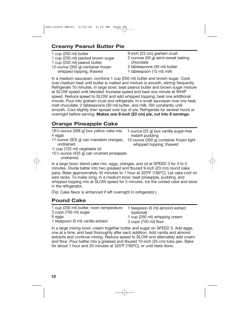Creamy peanut butter pie, Orange pineapple cake, Pound cake | Hamilton Beach 840132900 User Manual | Page 10 / 32