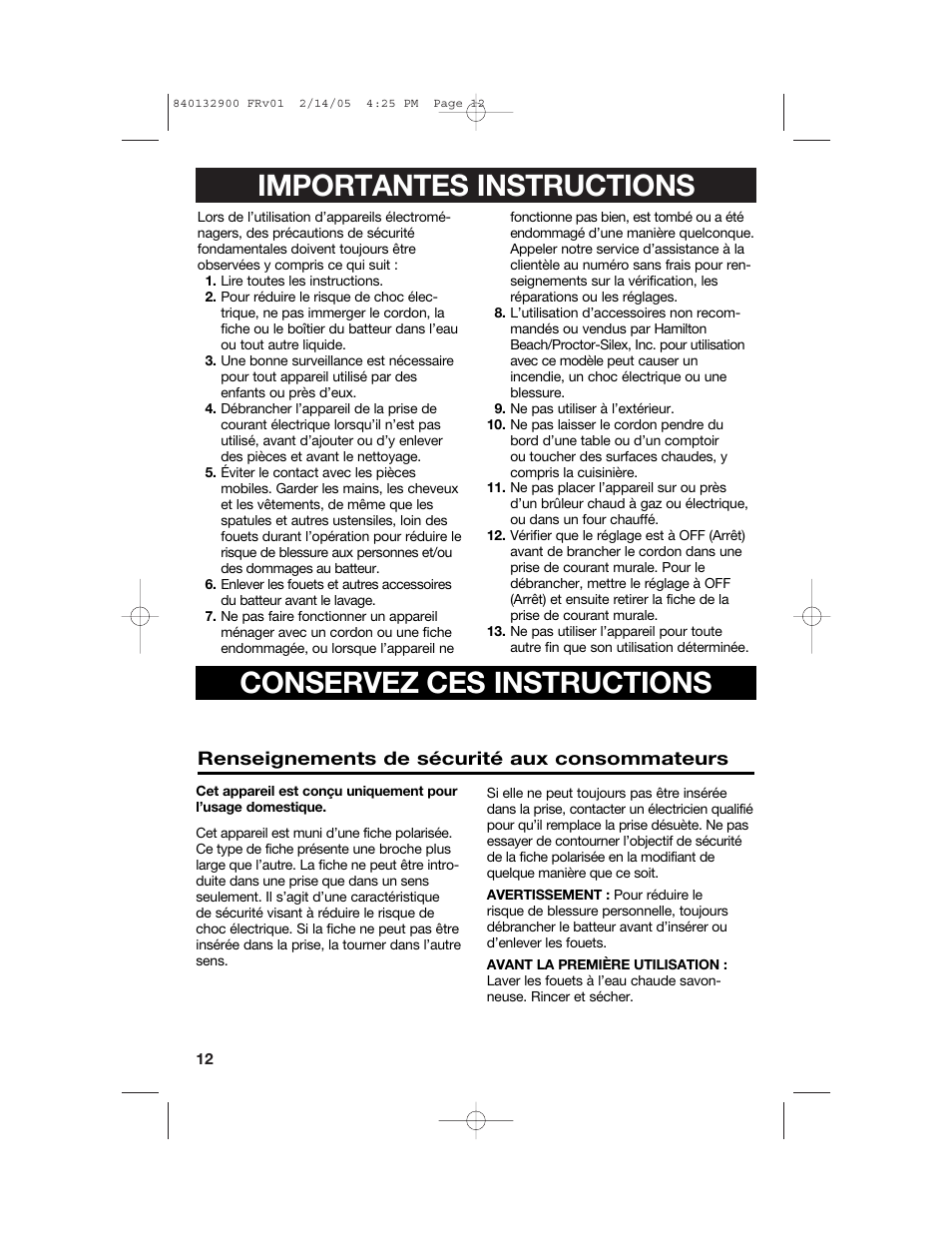 Importantes instructions, Conservez ces instructions | Hamilton Beach 840132900 User Manual | Page 12 / 32