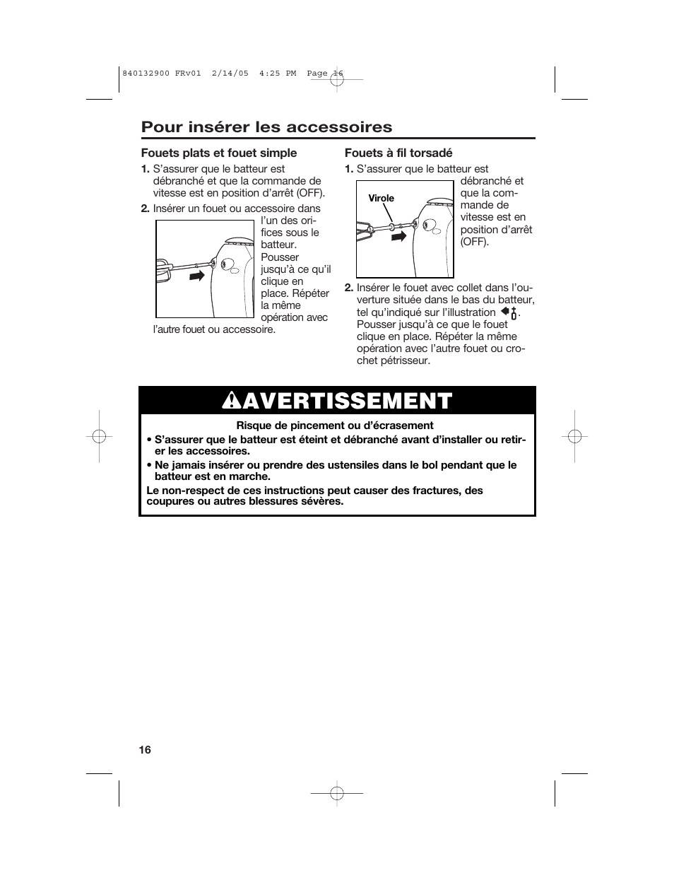 Wavertissement, Pour insérer les accessoires | Hamilton Beach 840132900 User Manual | Page 16 / 32