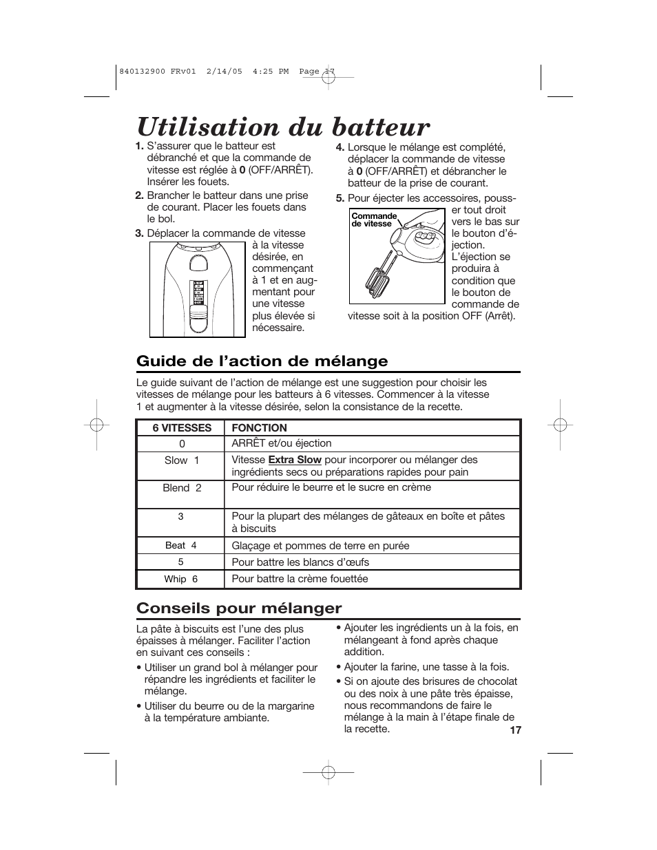 Utilisation du batteur, Conseils pour mélanger, Guide de l’action de mélange | Hamilton Beach 840132900 User Manual | Page 17 / 32