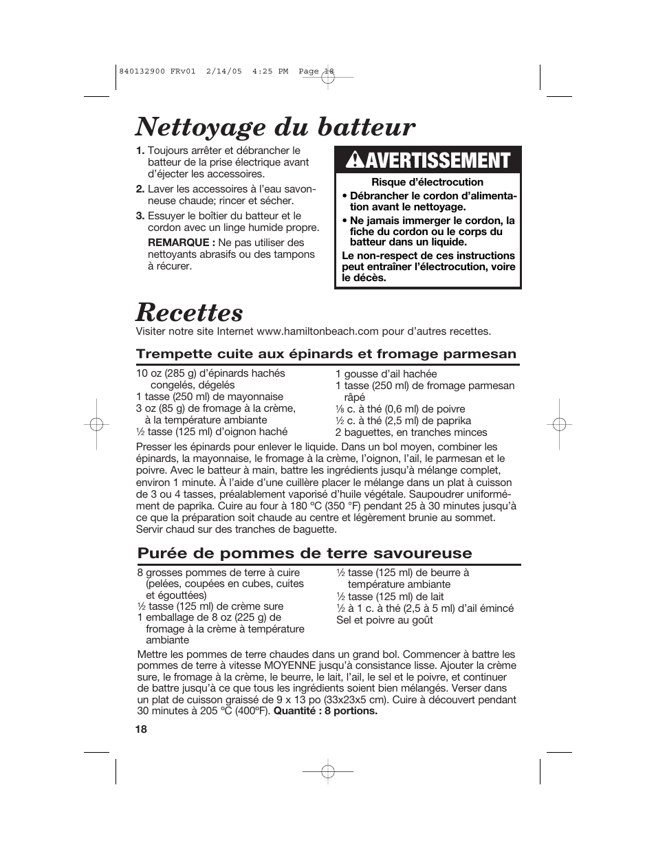 Nettoyage du batteur, Recettes, W avertissement | Purée de pommes de terre savoureuse | Hamilton Beach 840132900 User Manual | Page 18 / 32