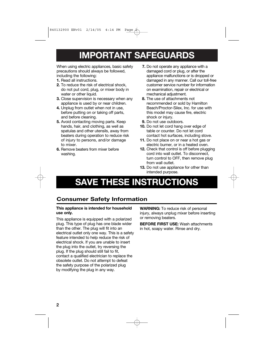 Important safeguards, Save these instructions | Hamilton Beach 840132900 User Manual | Page 2 / 32