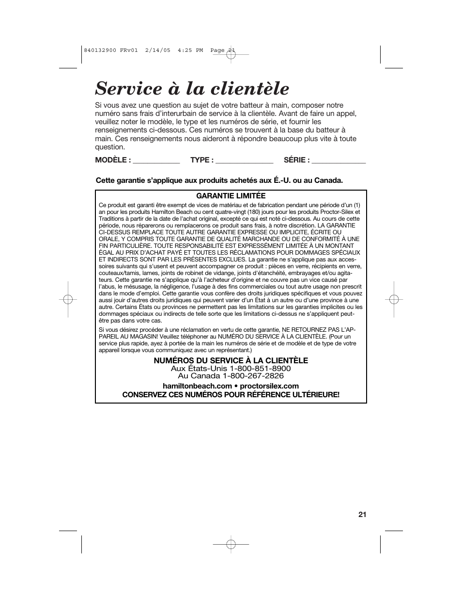 Service à la clientèle | Hamilton Beach 840132900 User Manual | Page 21 / 32
