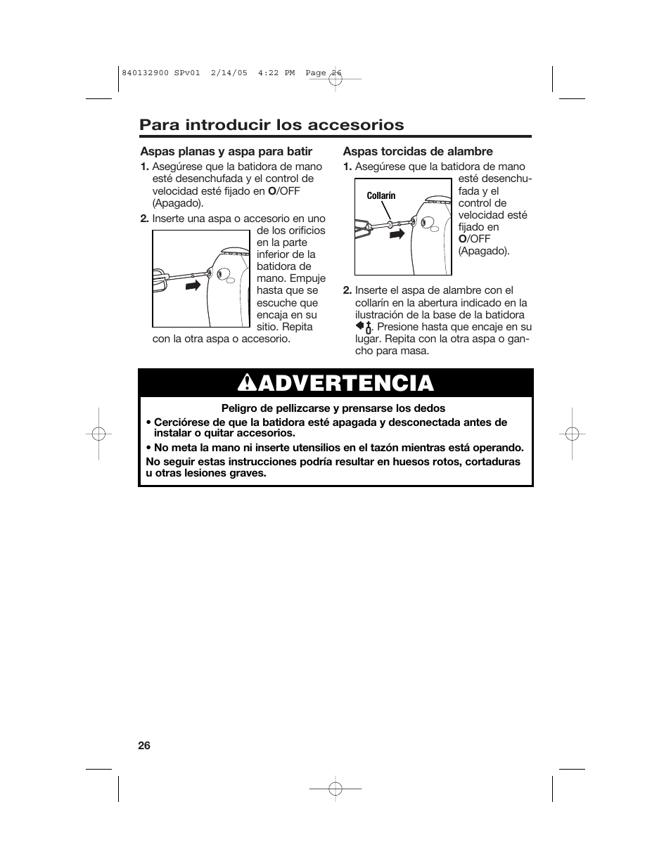 Wadvertencia, Para introducir los accesorios | Hamilton Beach 840132900 User Manual | Page 26 / 32
