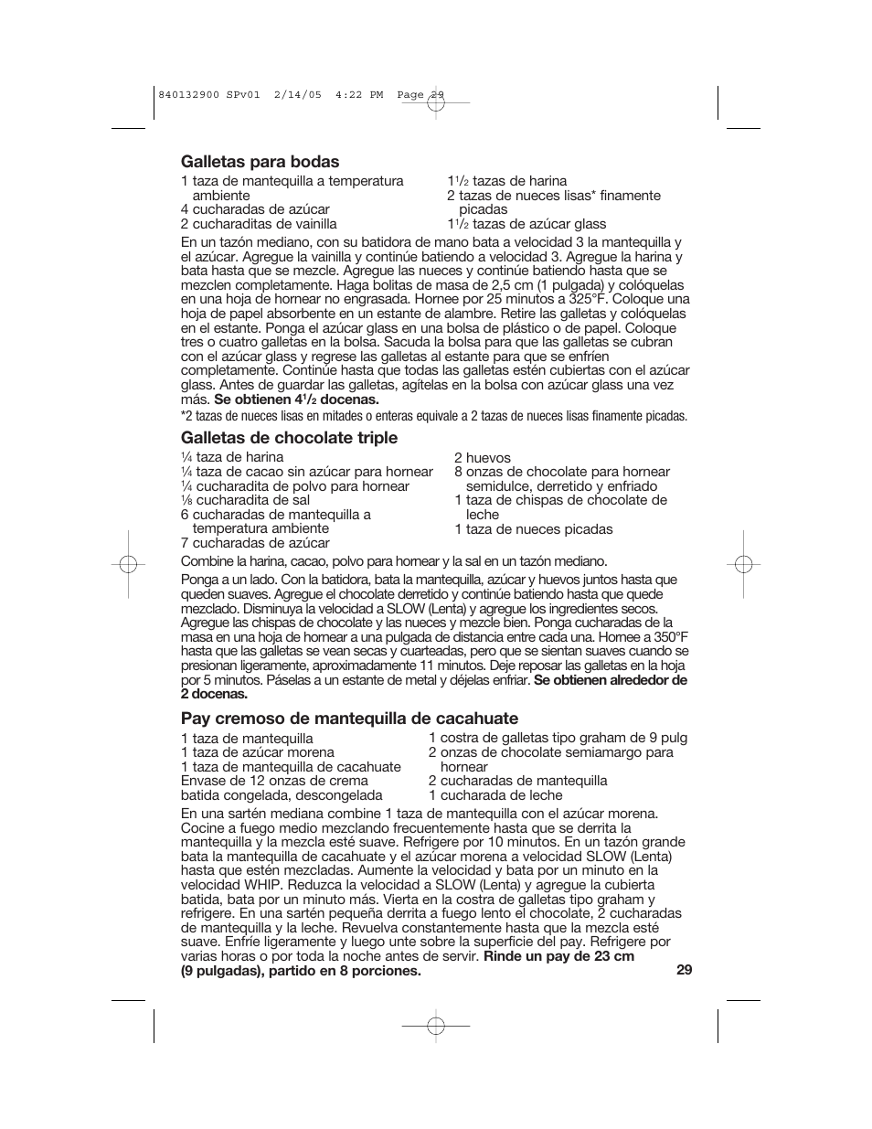 Galletas para bodas, Galletas de chocolate triple, Pay cremoso de mantequilla de cacahuate | Hamilton Beach 840132900 User Manual | Page 29 / 32