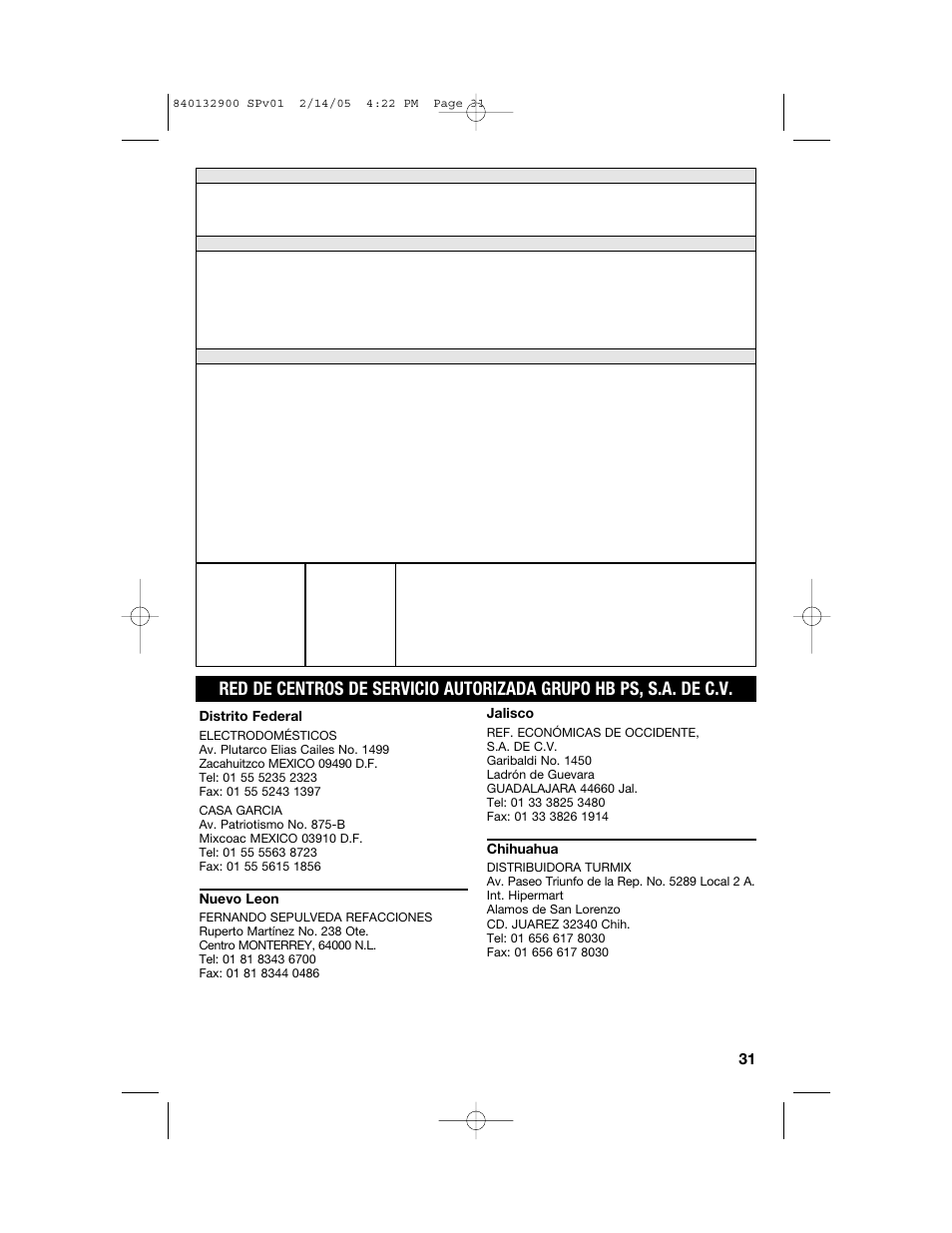 Distrito federal, Nuevo leon, Jalisco | Chihuahua | Hamilton Beach 840132900 User Manual | Page 31 / 32