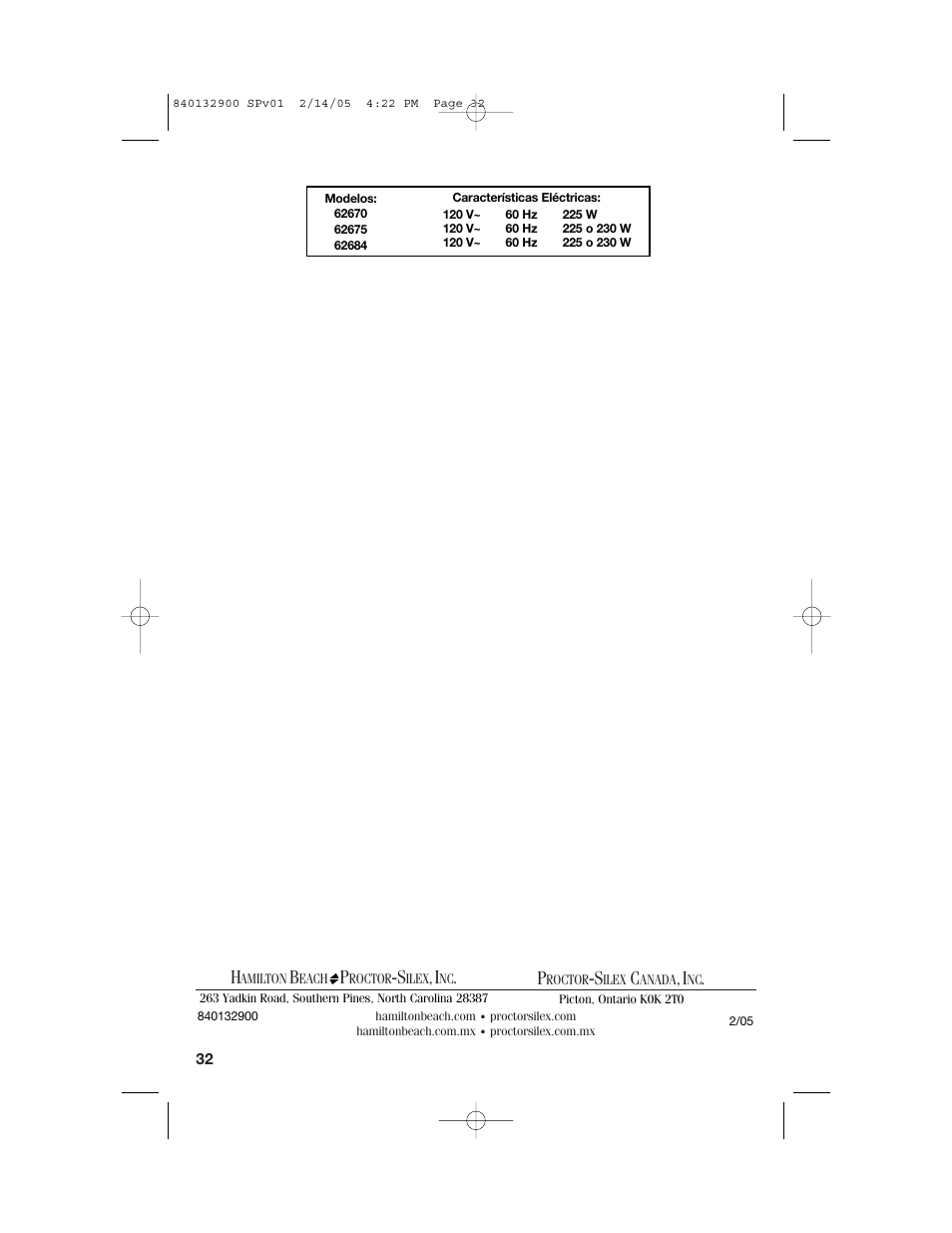 Hamilton Beach 840132900 User Manual | Page 32 / 32