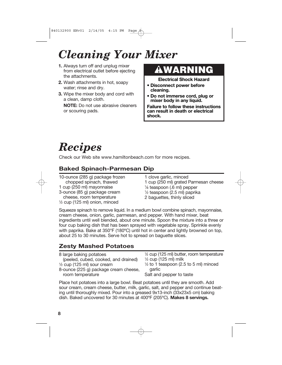 Cleaning your mixer recipes, Wwarning | Hamilton Beach 840132900 User Manual | Page 8 / 32
