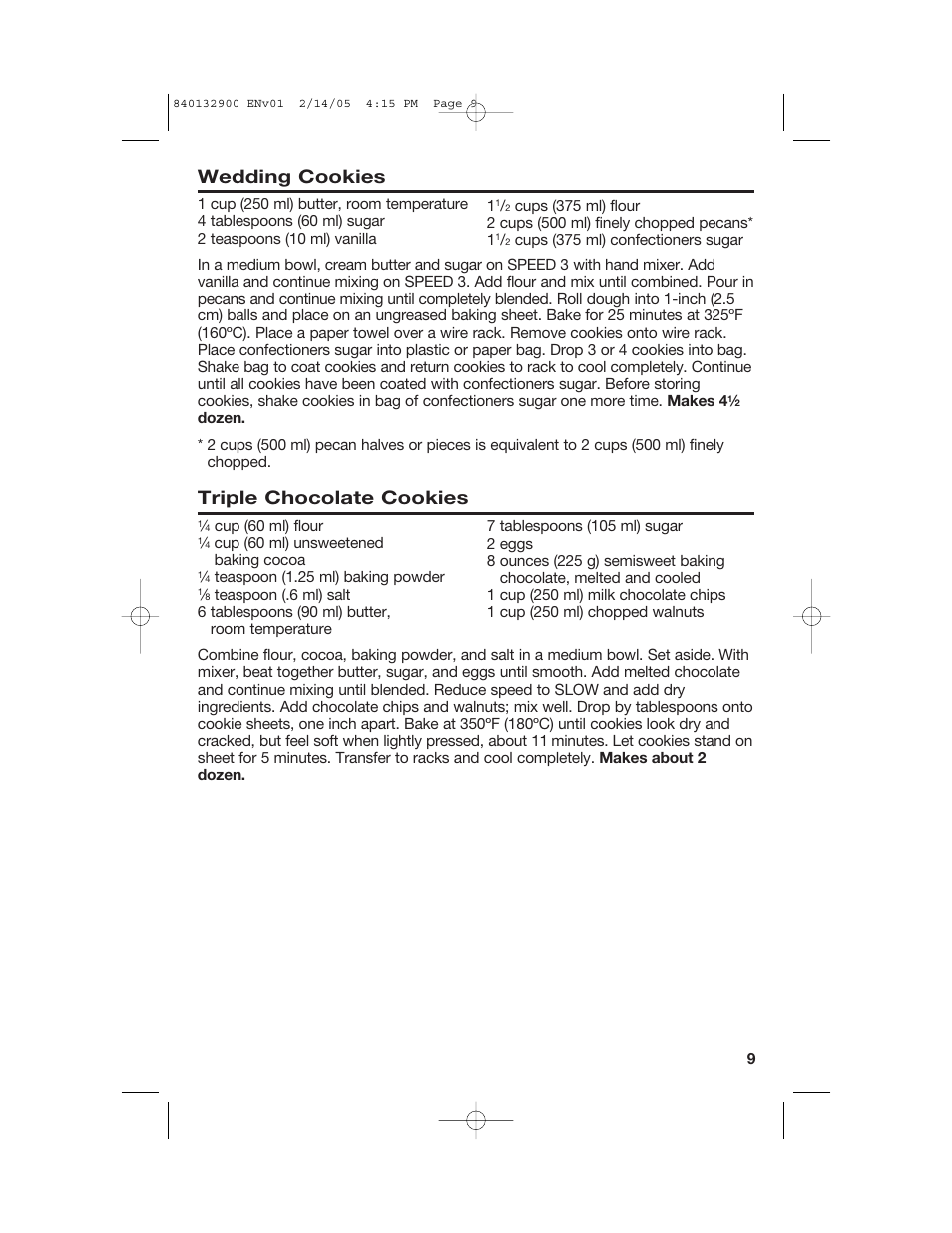 Wedding cookies, Triple chocolate cookies | Hamilton Beach 840132900 User Manual | Page 9 / 32