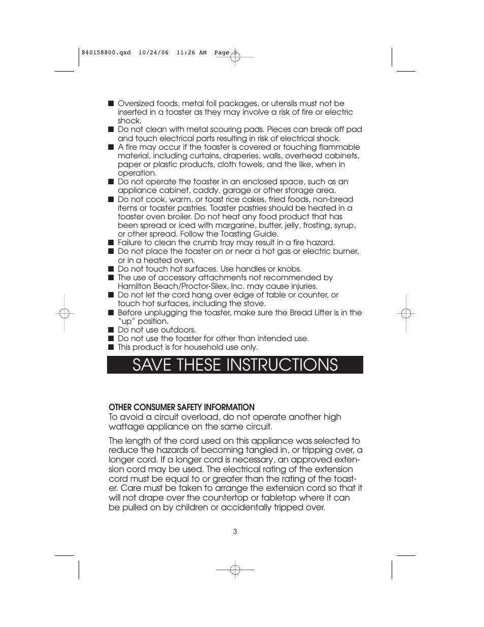 Save these instructions | Hamilton Beach 4-slice Toaster User Manual | Page 3 / 12