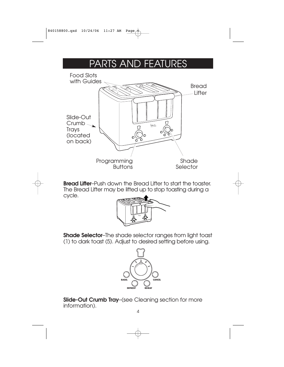 Parts and features | Hamilton Beach 4-slice Toaster User Manual | Page 4 / 12