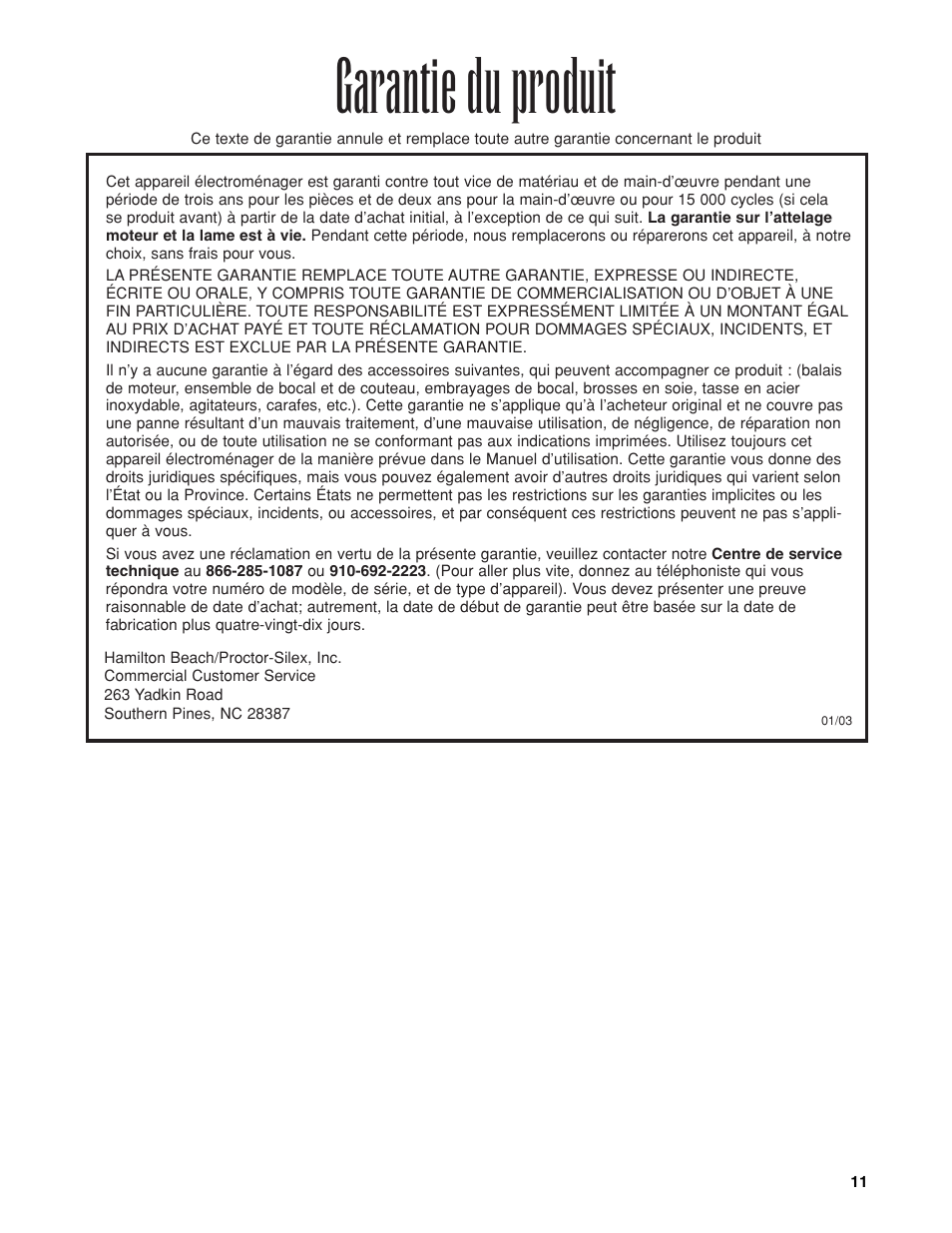 Garantie du produit | Hamilton Beach 840065601 User Manual | Page 11 / 16