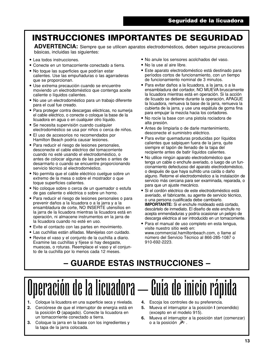 Operación de la licuadora – guía de inicio rápida, Guarde estas instrucciones, Instrucciones importantes de seguridad | Advertencia | Hamilton Beach 840065601 User Manual | Page 13 / 16