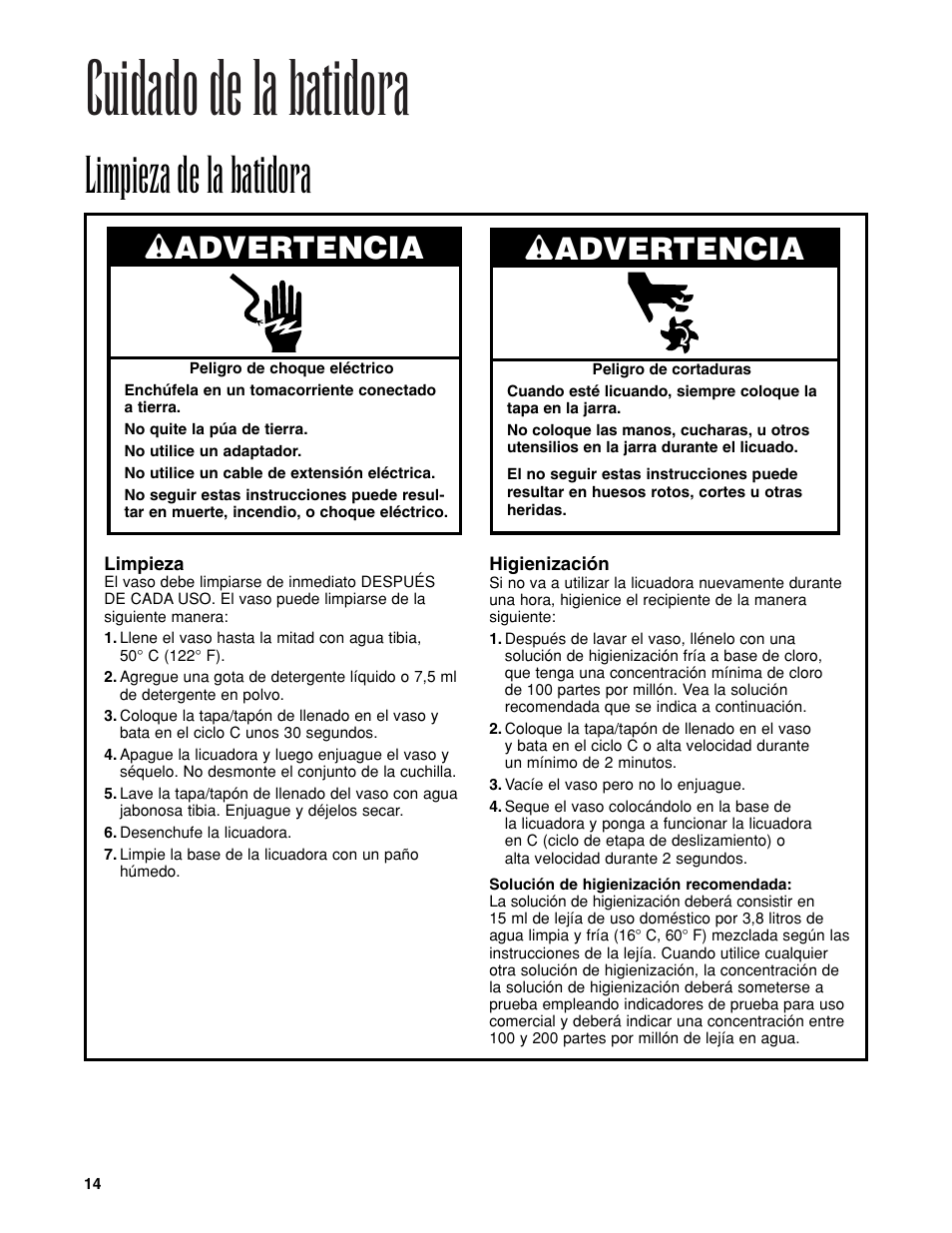 Cuidado de la batidora, Limpieza de la batidora, Wadvertencia | Hamilton Beach 840065601 User Manual | Page 14 / 16