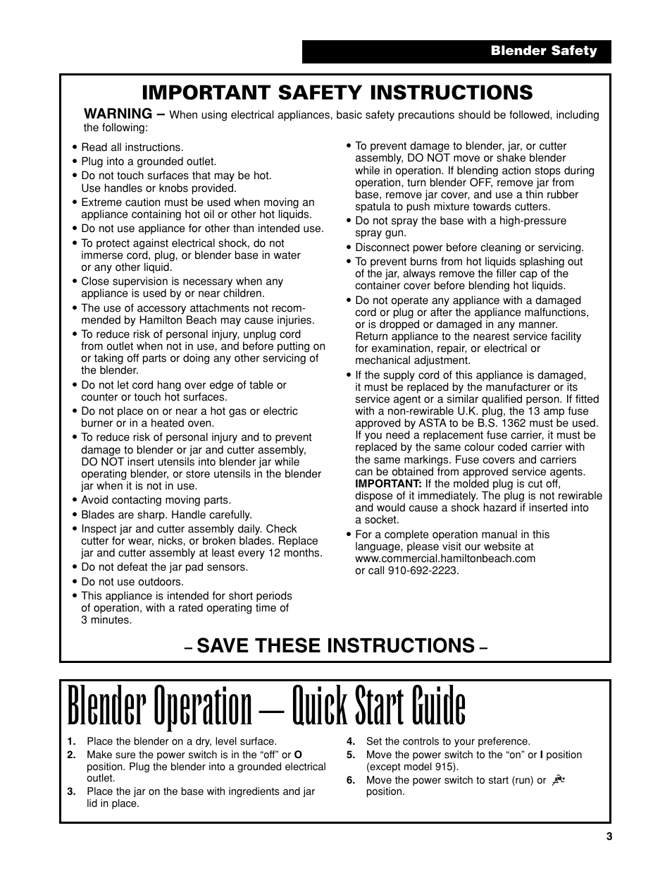 Blender operation – quick start guide, Save these instructions, Important safety instructions | Hamilton Beach 840065601 User Manual | Page 3 / 16