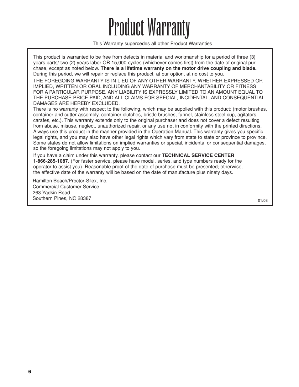 Product warranty | Hamilton Beach 840065601 User Manual | Page 6 / 16