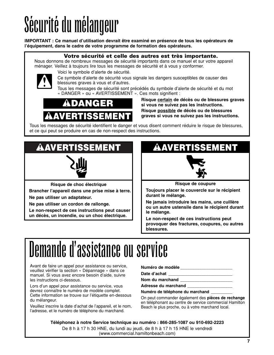 Sécurité du mélangeur, Demande d’assistance ou service, Wavertissement | Wdanger w avertissement | Hamilton Beach 840065601 User Manual | Page 7 / 16