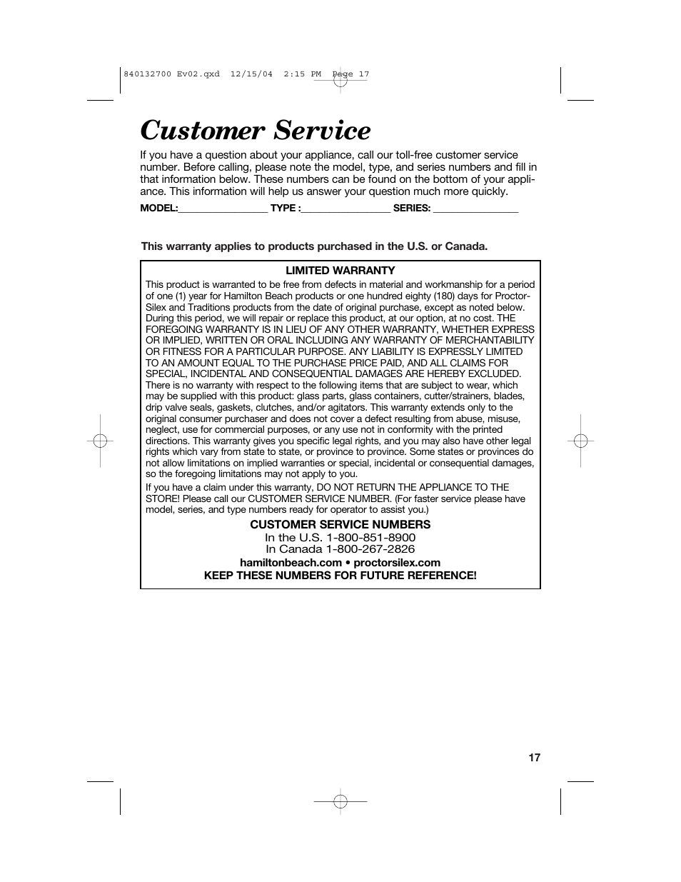 Customer service | Hamilton Beach 840132700 User Manual | Page 17 / 44