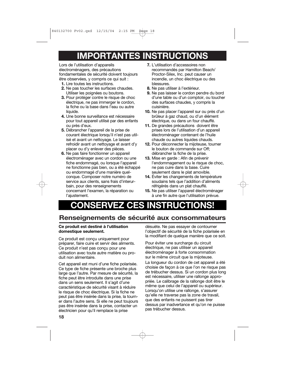 Renseignements de sécurité aux consommateurs | Hamilton Beach 840132700 User Manual | Page 18 / 44