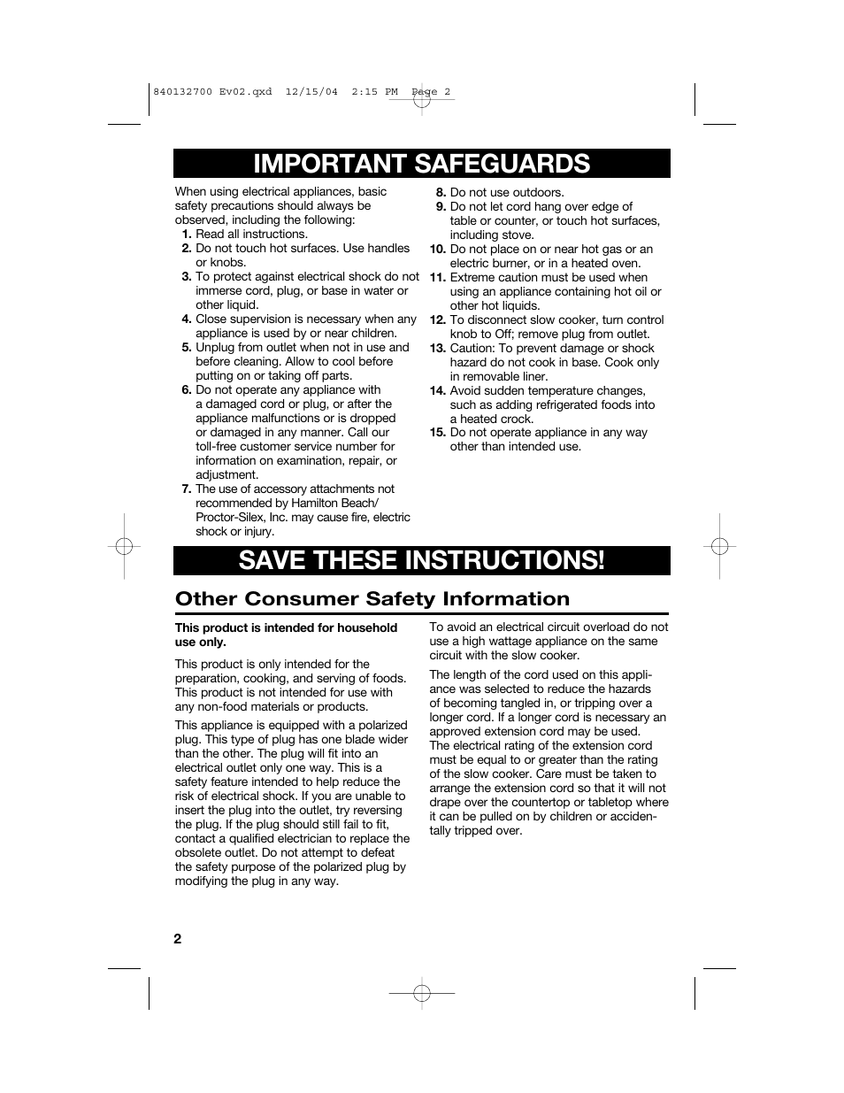 Important safeguards save these instructions, Other consumer safety information | Hamilton Beach 840132700 User Manual | Page 2 / 44
