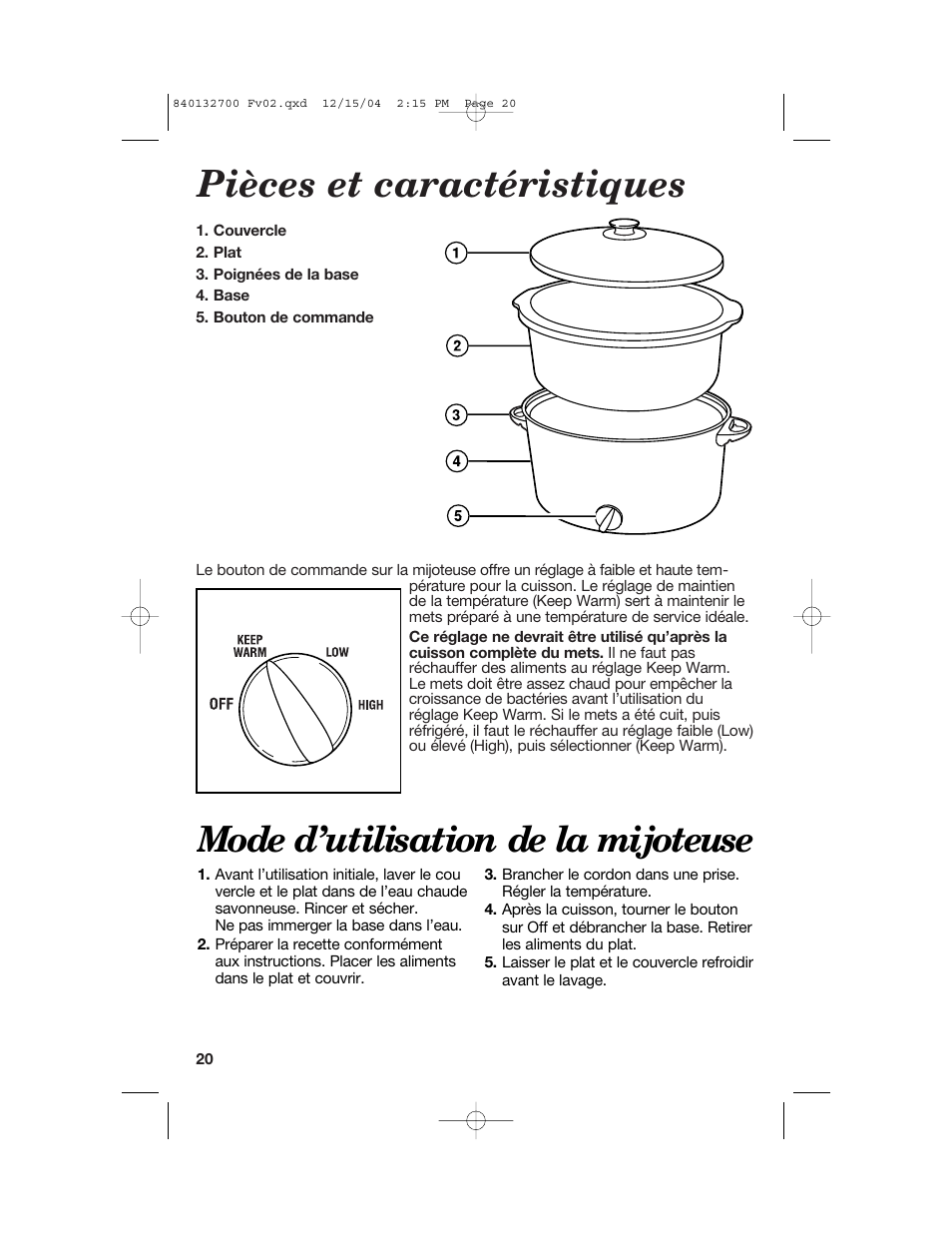 Pièces et caractéristiques, Mode d’utilisation de la mijoteuse | Hamilton Beach 840132700 User Manual | Page 20 / 44