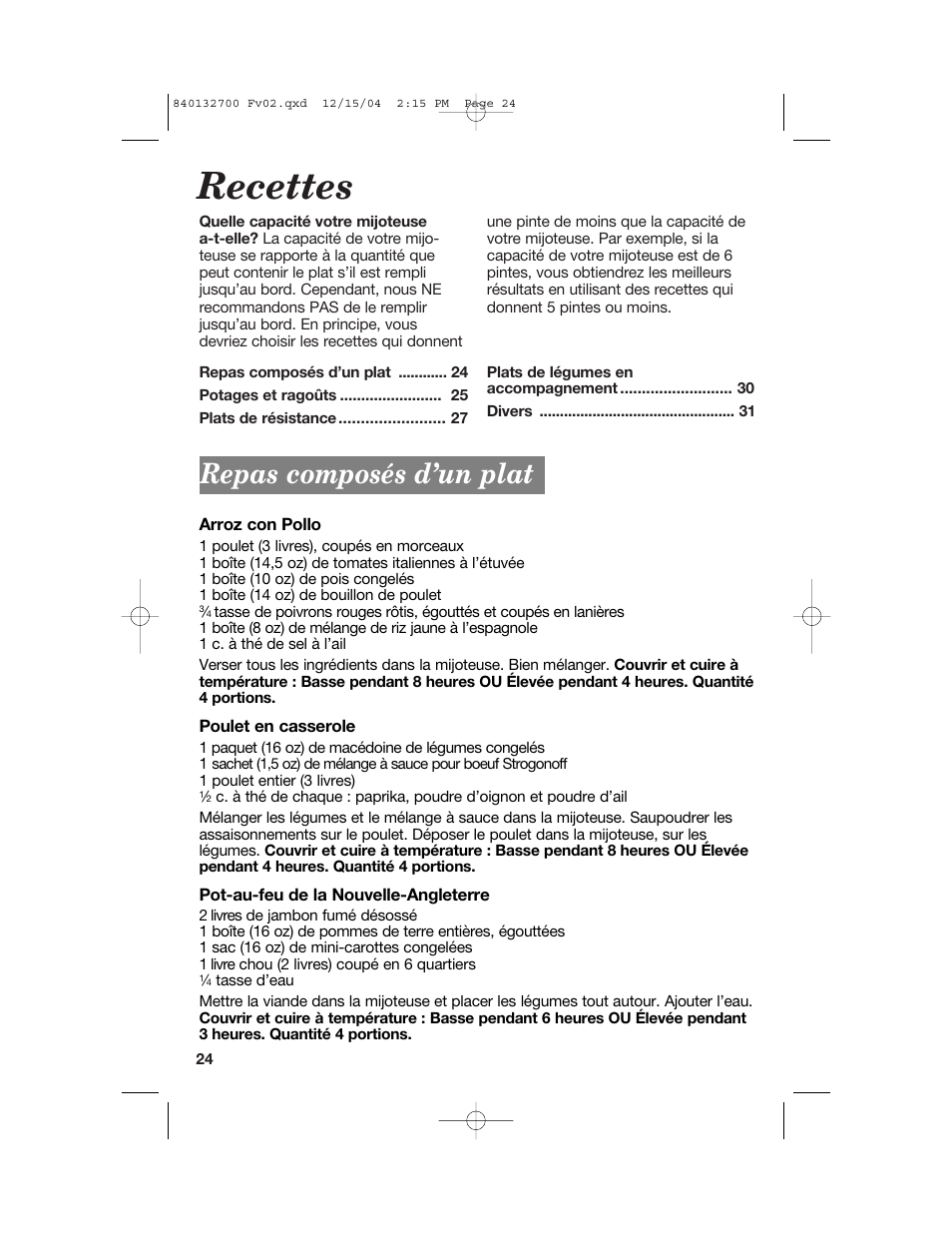 Recettes, Repas composés d’un plat | Hamilton Beach 840132700 User Manual | Page 24 / 44