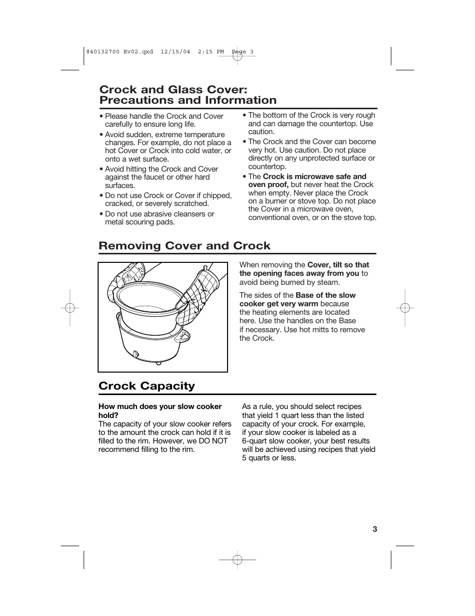 Crock and glass cover: precautions and information, Removing cover and crock crock capacity | Hamilton Beach 840132700 User Manual | Page 3 / 44