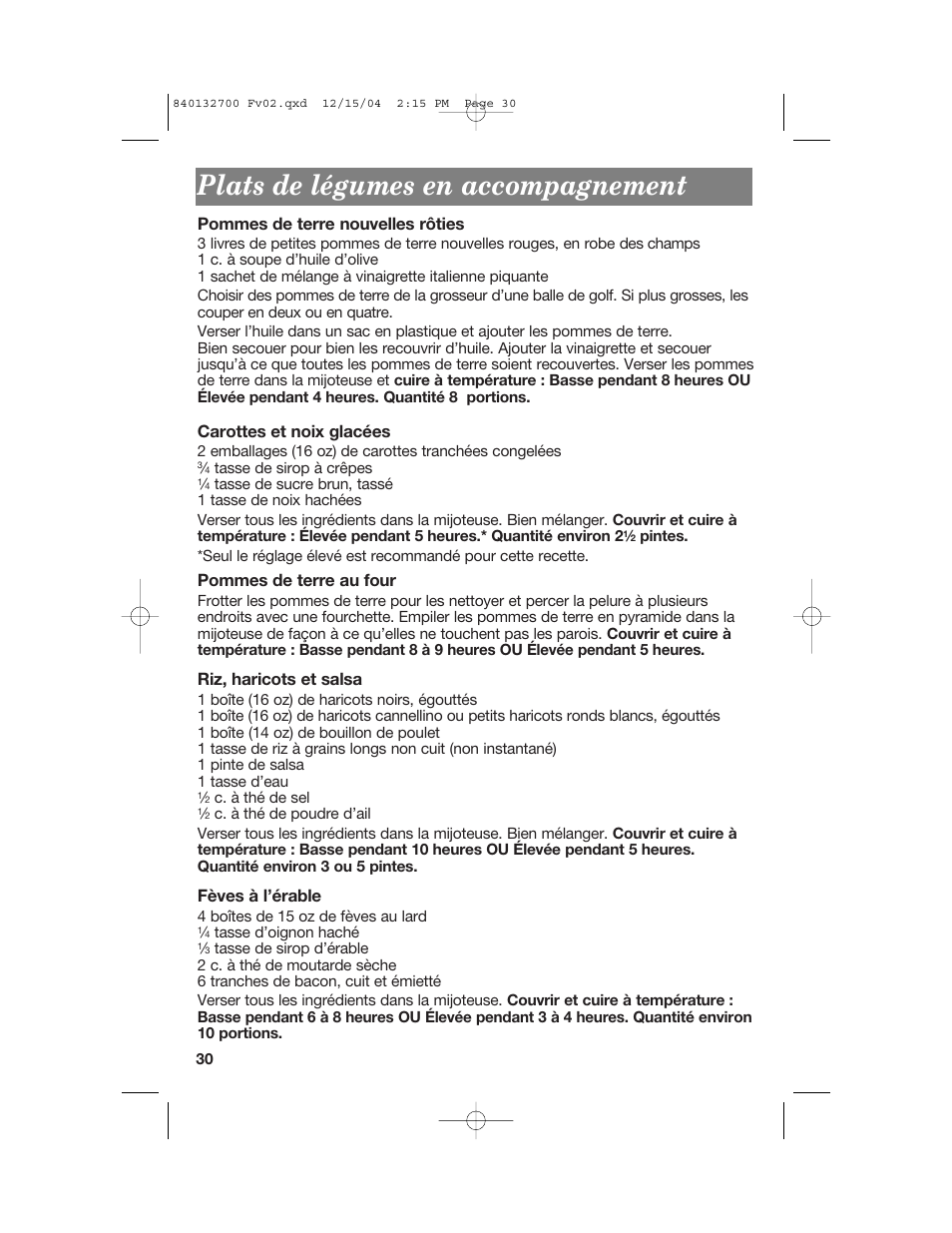 Plats de légumes en accompagnement | Hamilton Beach 840132700 User Manual | Page 30 / 44